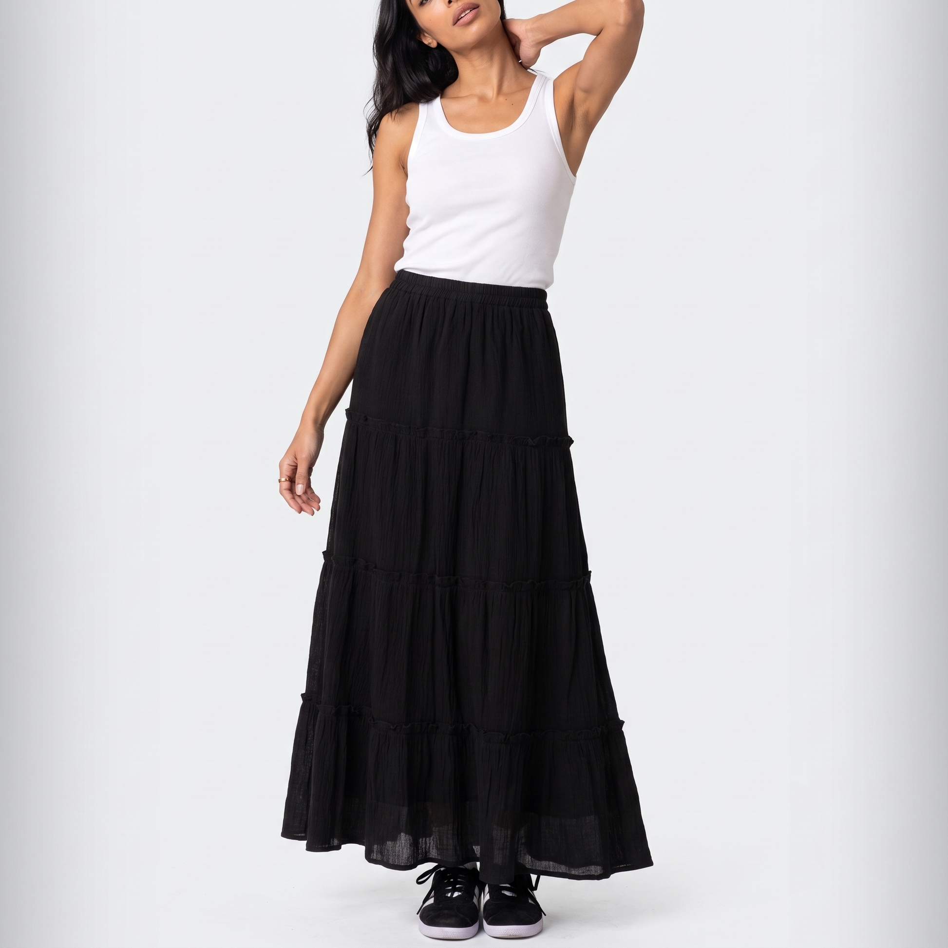 charlotte cotton tiered maxi skirt in Black colorway image