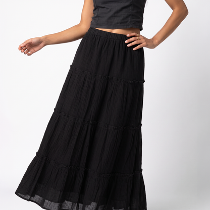 Sunoire charlotte cotton tiered maxi skirt colorway black front crop 01