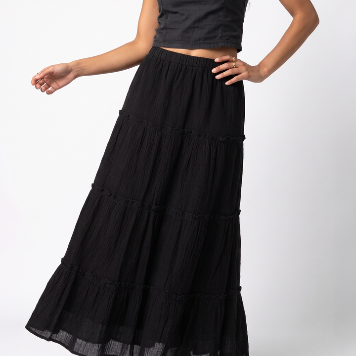 Tiered Elastic Waist Maxi Skirt – White Summer Beach Vacation Skirt — Black