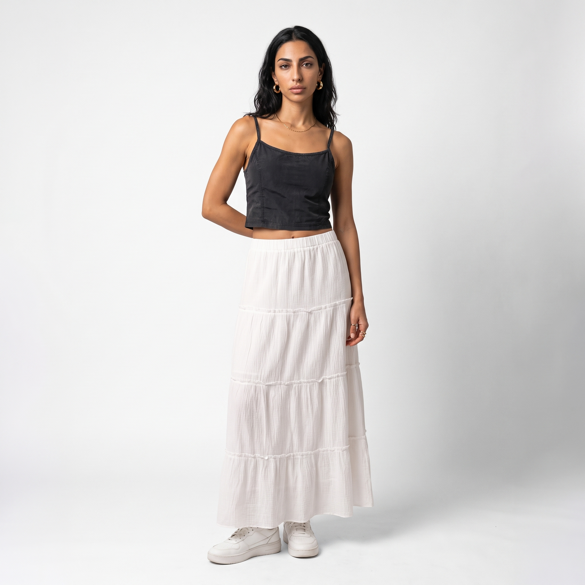 Sunoire charlotte cotton tiered maxi skirt front hero 01
