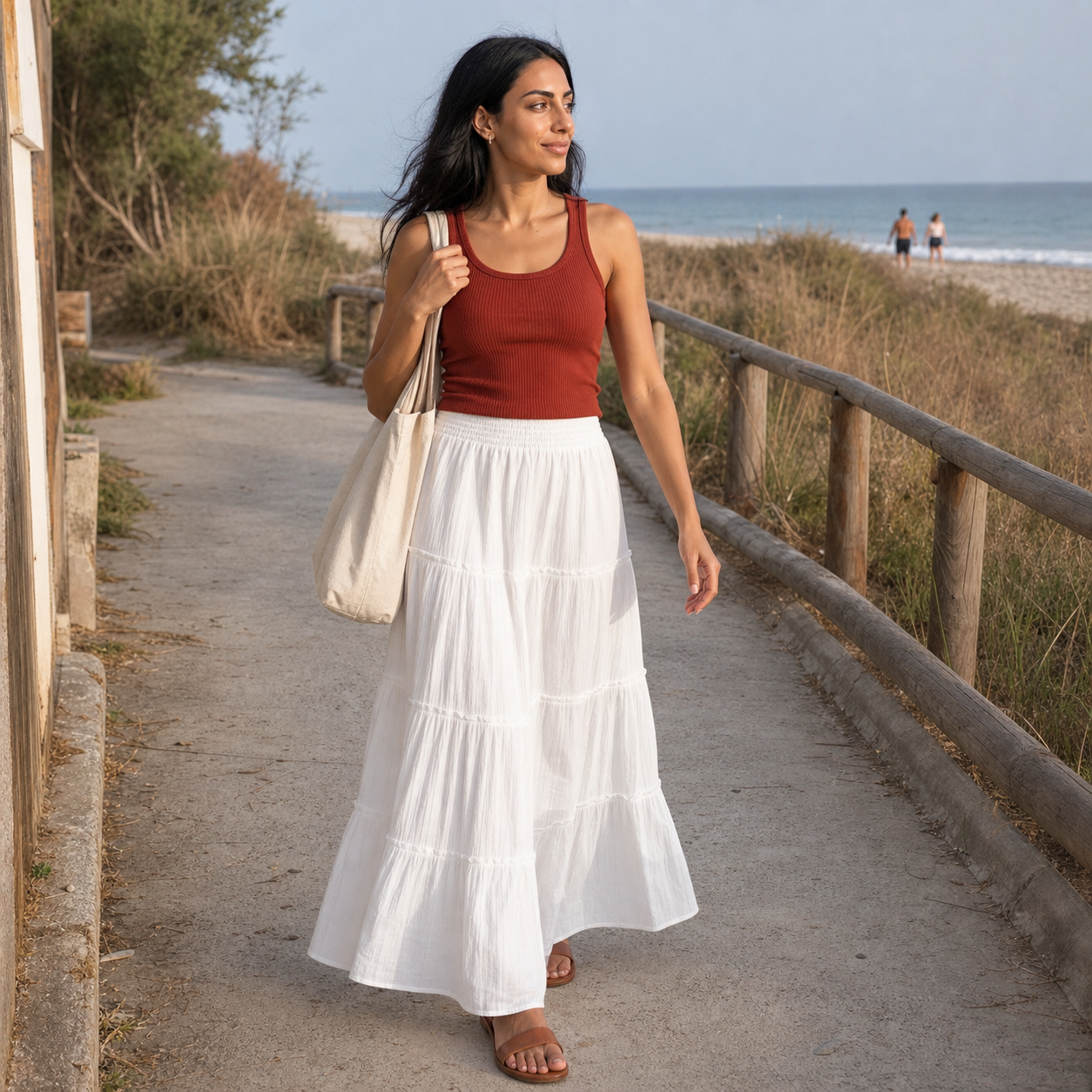 Tiered Elastic Waist Maxi Skirt – White Summer Beach Vacation Skirt — lifestyle photo