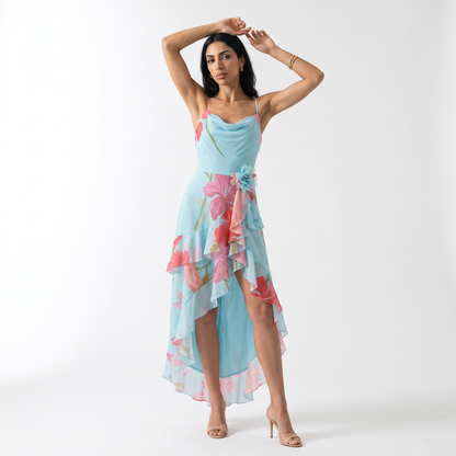 Sunoire charming sexy sleeveless spaghetti strap floral printed long dress women summer backless holiday runway evening party dresses front hero 01