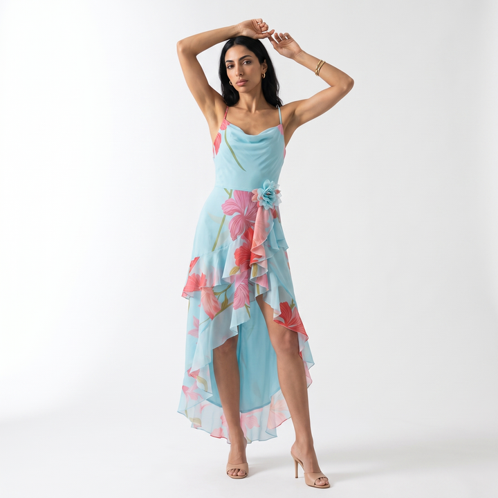 Sunoire charming sexy sleeveless spaghetti strap floral printed long dress women summer backless holiday runway evening party dresses front hero 01