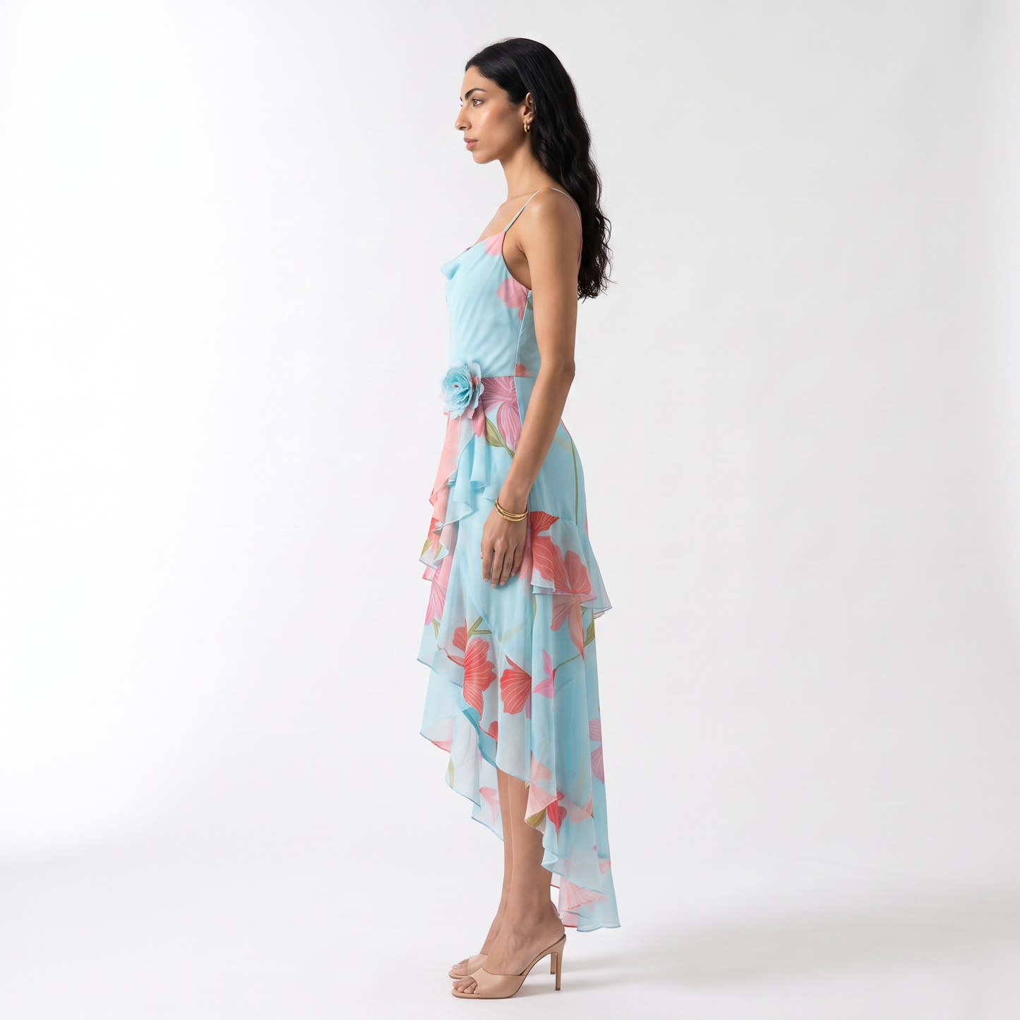 Sunoire charming sexy sleeveless spaghetti strap floral printed long dress women summer backless holiday runway evening party dresses side view 01