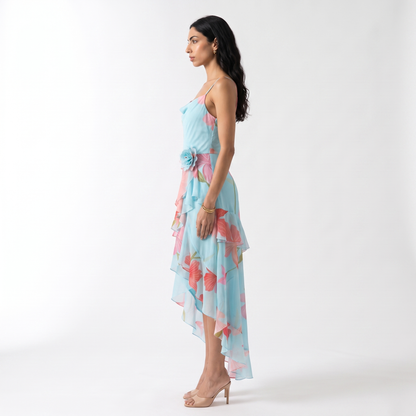 Sunoire charming sexy sleeveless spaghetti strap floral printed long dress women summer backless holiday runway evening party dresses side view 01