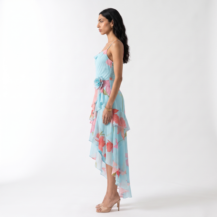 Sunoire charming sexy sleeveless spaghetti strap floral printed long dress women summer backless holiday runway evening party dresses side view 01