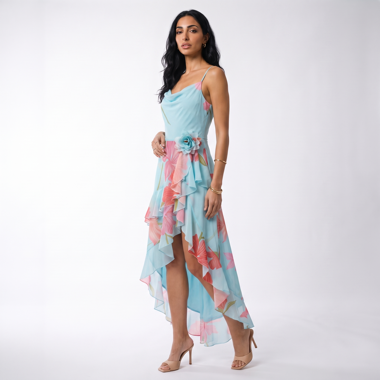 Sunoire charming sexy sleeveless spaghetti strap floral printed long dress women summer backless holiday runway evening party dresses three quarter 01