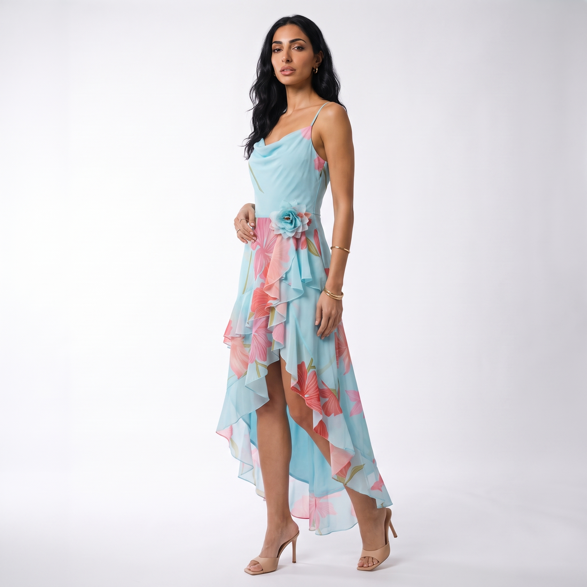 Sunoire charming sexy sleeveless spaghetti strap floral printed long dress women summer backless holiday runway evening party dresses three quarter 01