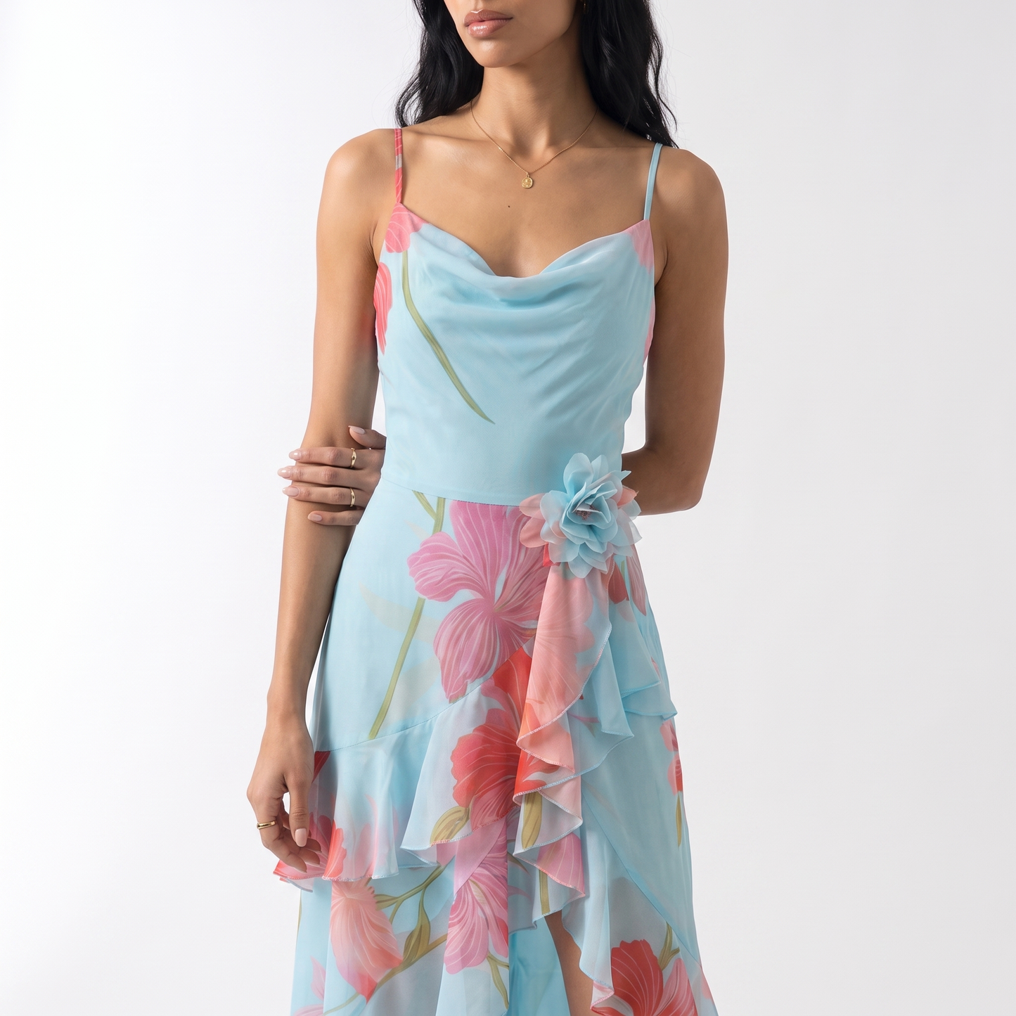 Sunoire charming sexy sleeveless spaghetti strap floral printed long dress women summer backless holiday runway evening party dresses torso crop 01