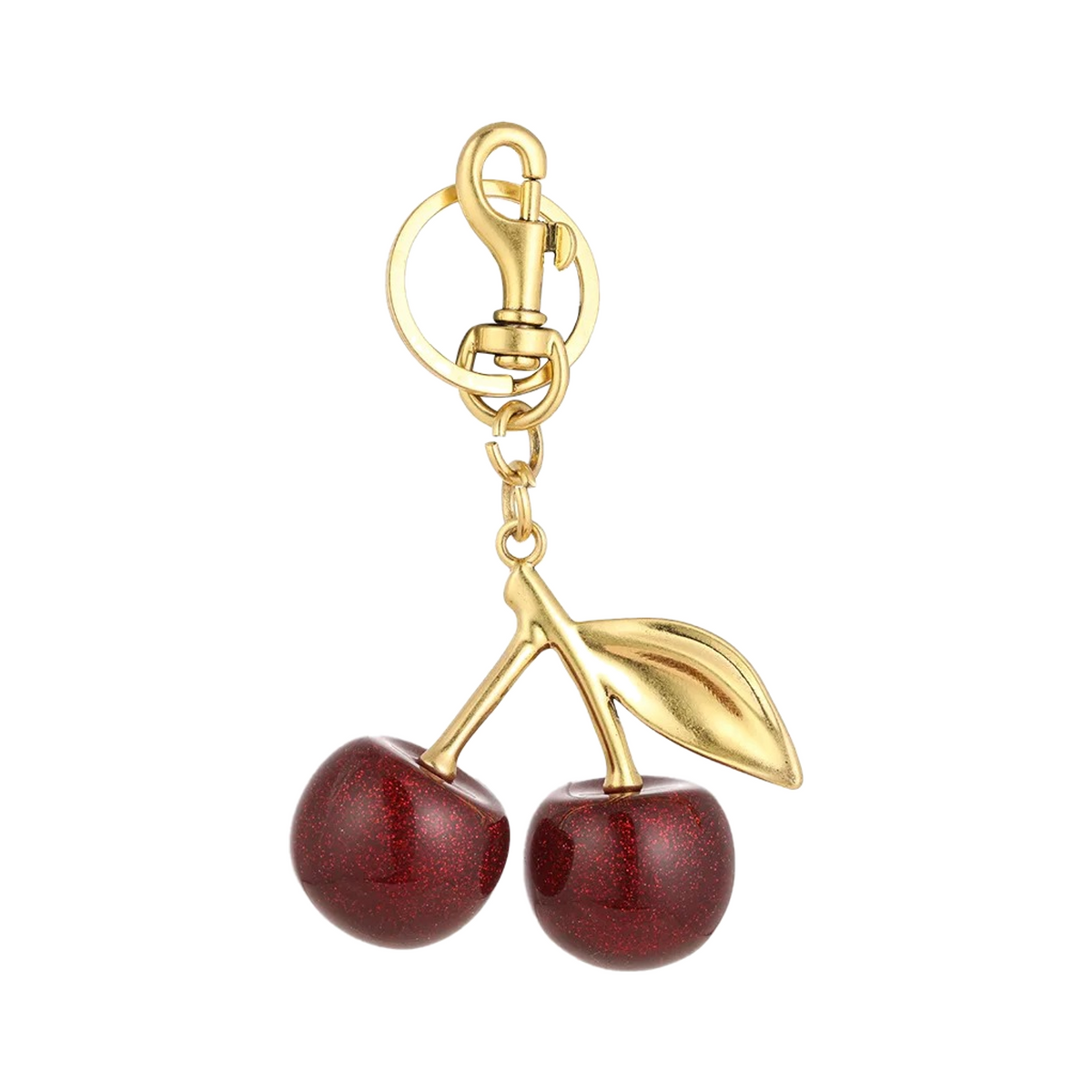 Red glitter cherry bag charm on a gold stem with a lobster clasp