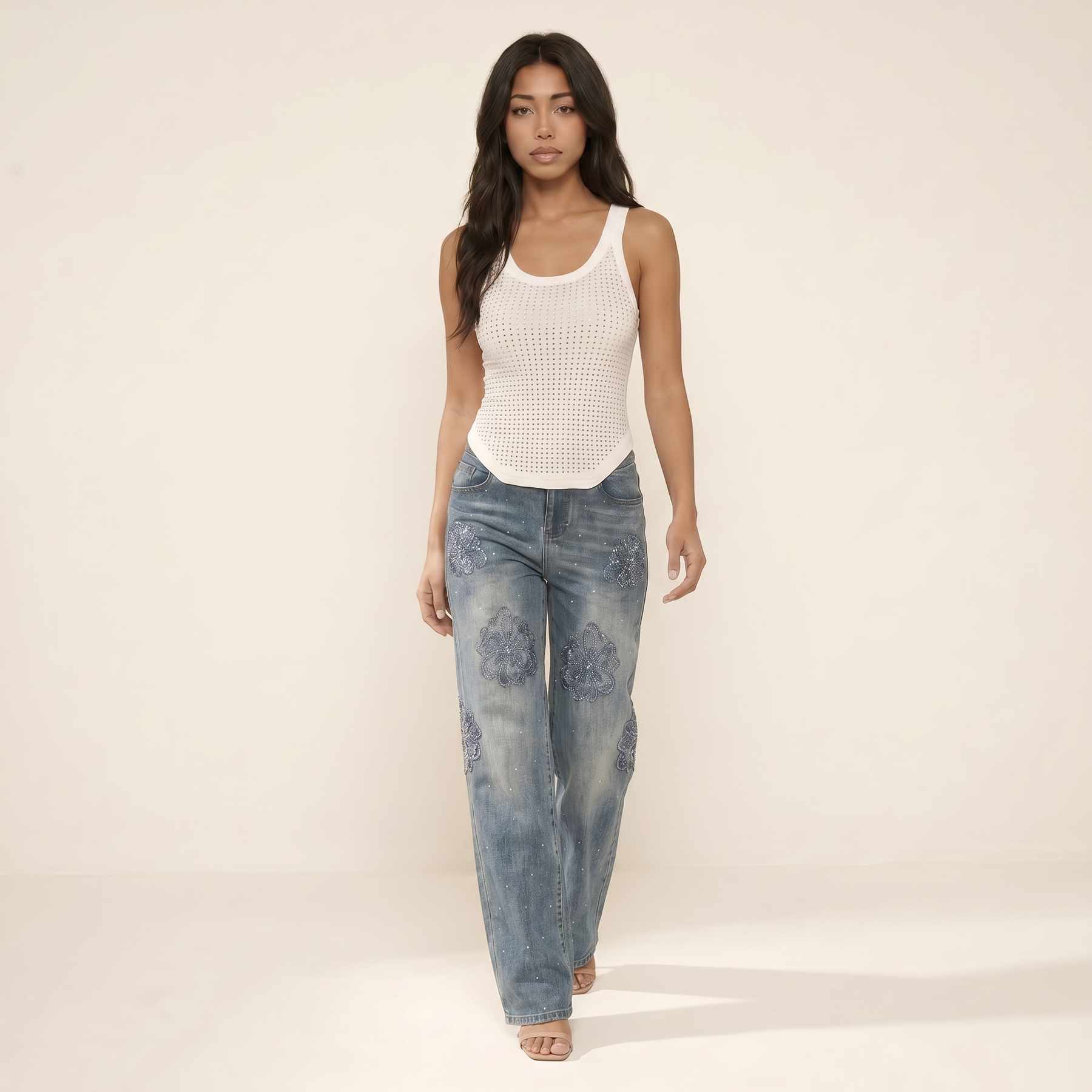 Sunoire chessa u neck rhinestone tank walking 01