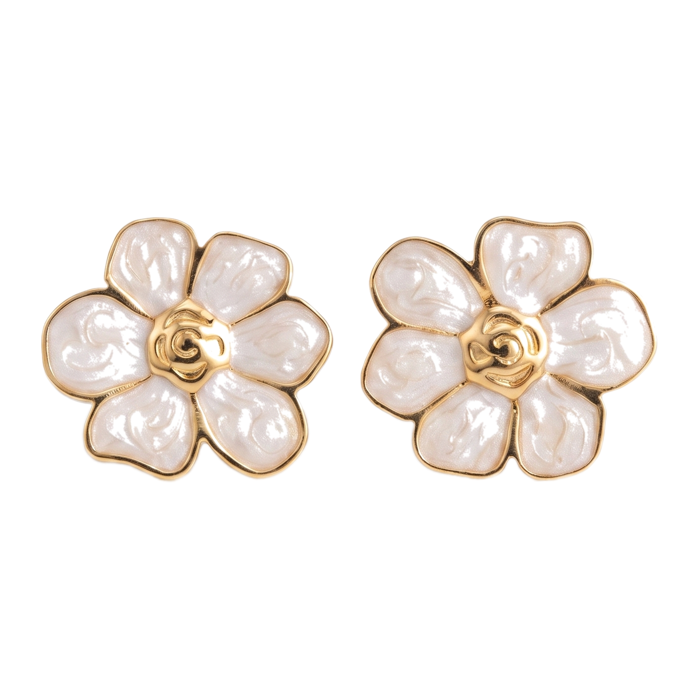 Sunoire women s trendy stainless steel stud earrings minimalist six petaled flower lucky gold color plating wholesale retro party 01 flatlay white
