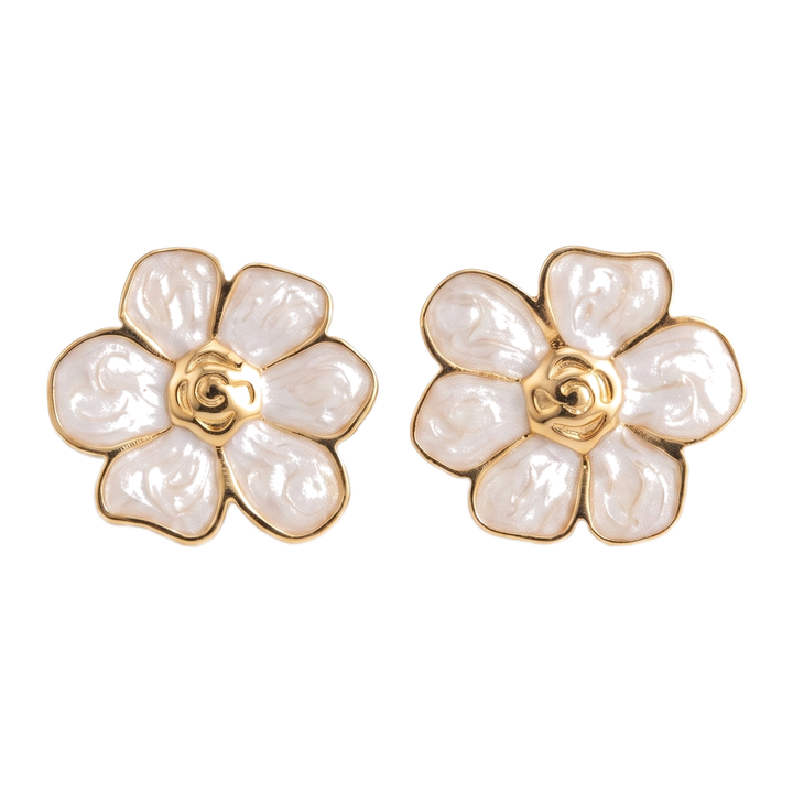 Sunoire women s trendy stainless steel stud earrings minimalist six petaled flower lucky gold color plating wholesale retro party 01 flatlay white