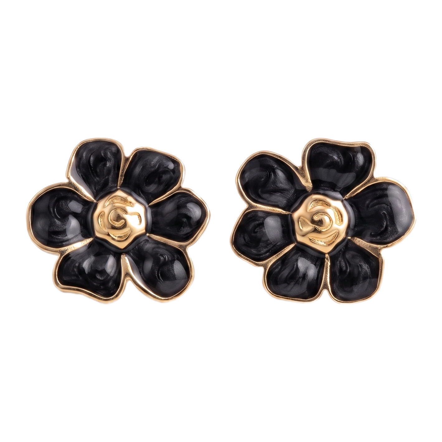 Sunoire women s trendy stainless steel stud earrings minimalist six petaled flower lucky gold color plating wholesale retro party 04 flatlay black