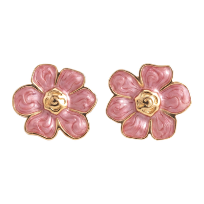 Sunoire women s trendy stainless steel stud earrings minimalist six petaled flower lucky gold color plating wholesale retro party 06 flatlay pink