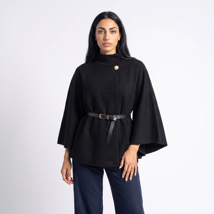 Sunoire chic cape sleeve knit sweater with high neck and gold button colorway black front crop 01