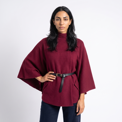 Sunoire chic cape sleeve knit sweater with high neck and gold button colorway burgundy front crop 01