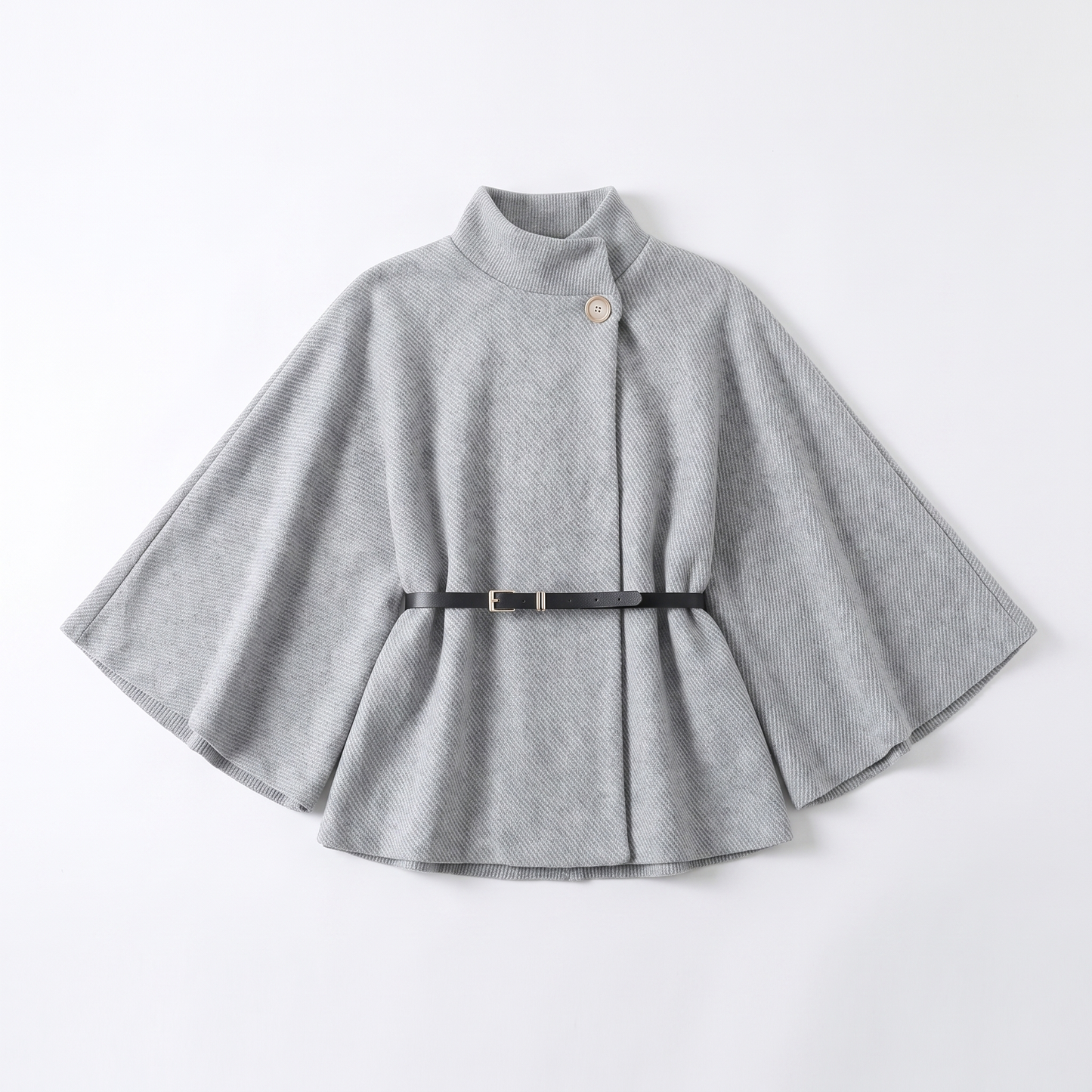 Sunoire chic cape sleeve knit sweater with high neck and gold button garment flatlay 01