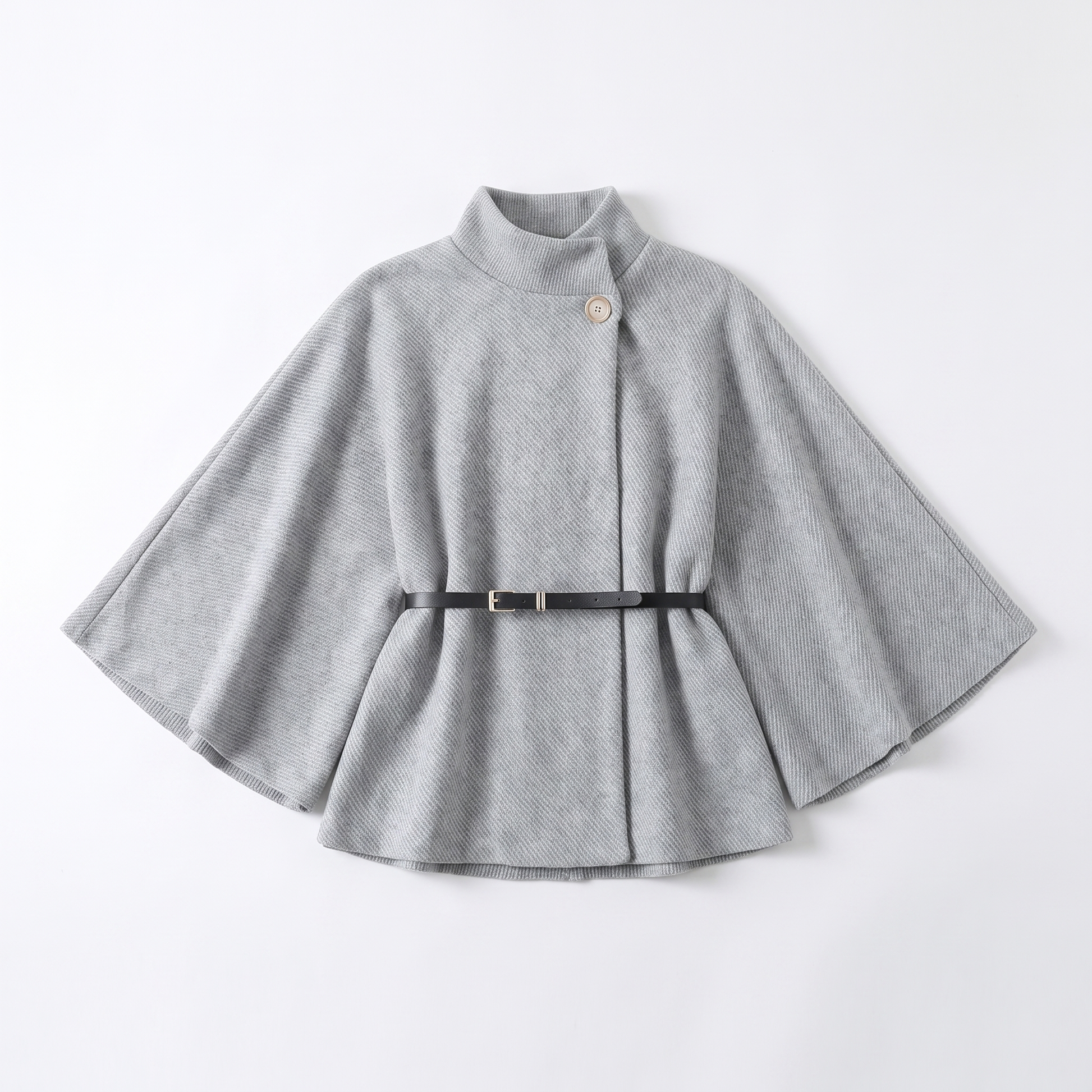 Sunoire chic cape sleeve knit sweater with high neck and gold button garment flatlay 01