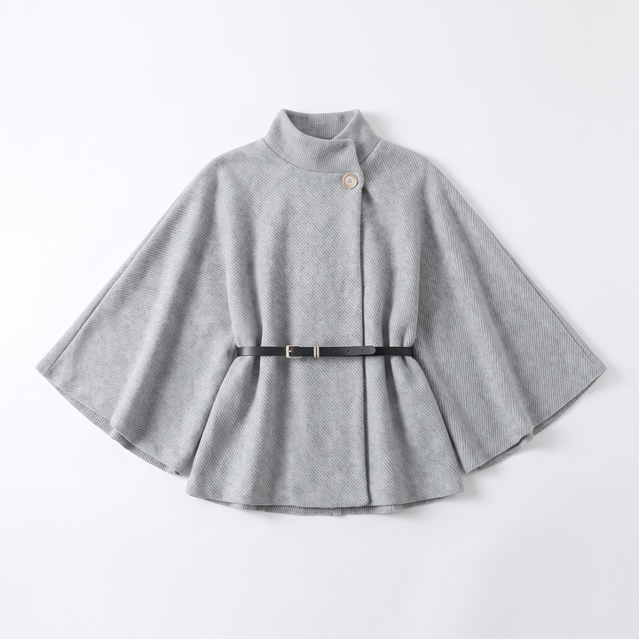 Sunoire chic cape sleeve knit sweater with high neck and gold button garment flatlay 01