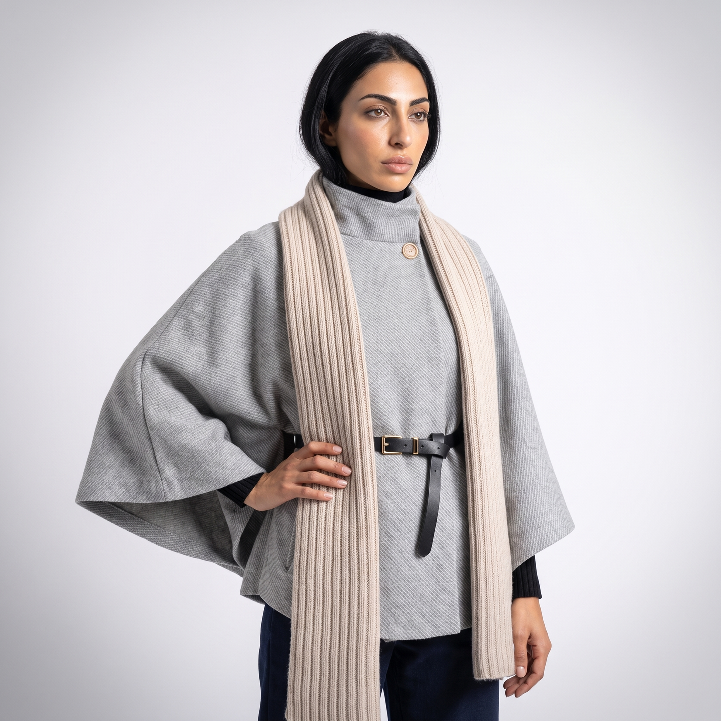 Sunoire chic cape sleeve knit sweater with high neck and gold button top alt crop 1 01