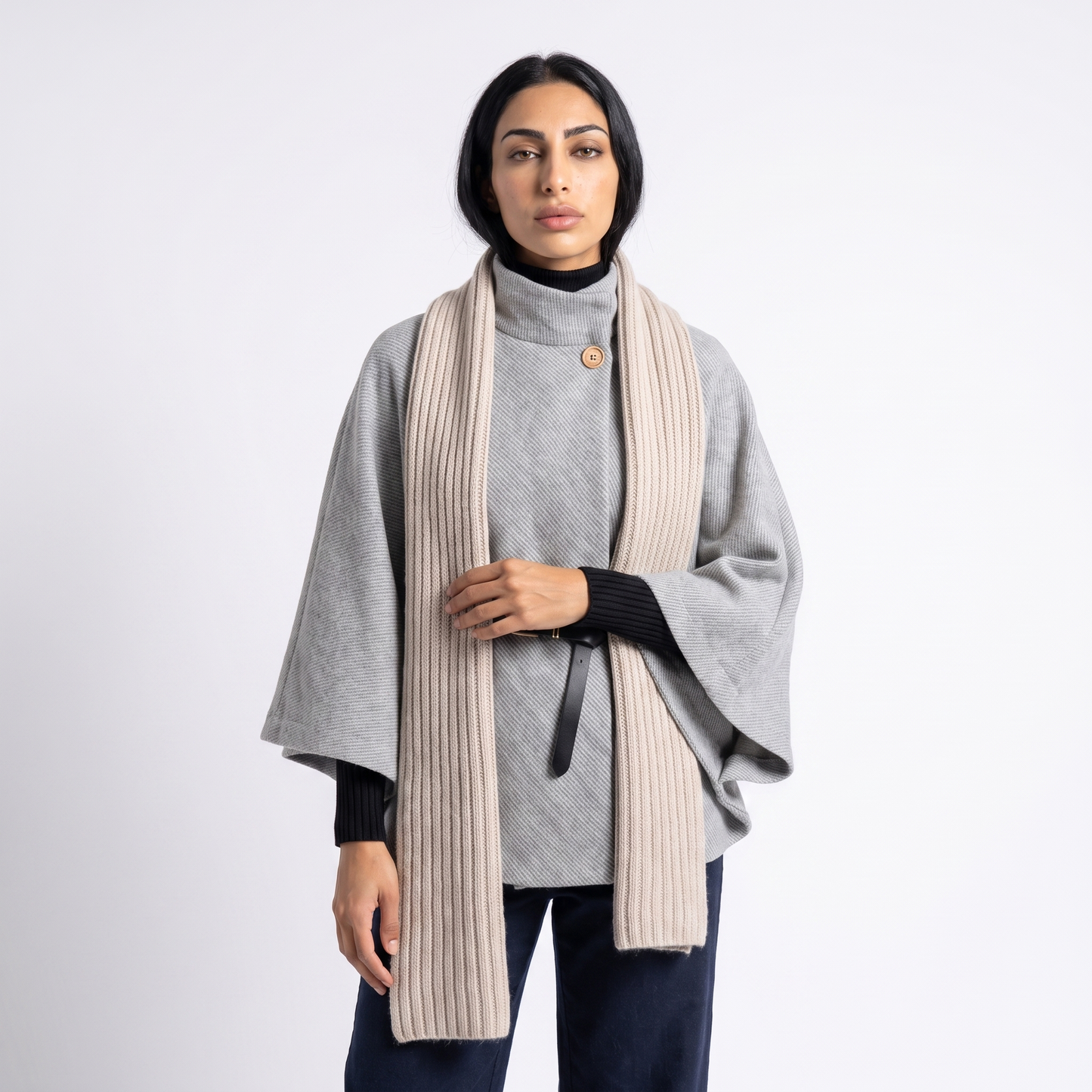 Sunoire chic cape sleeve knit sweater with high neck and gold button top front crop 01