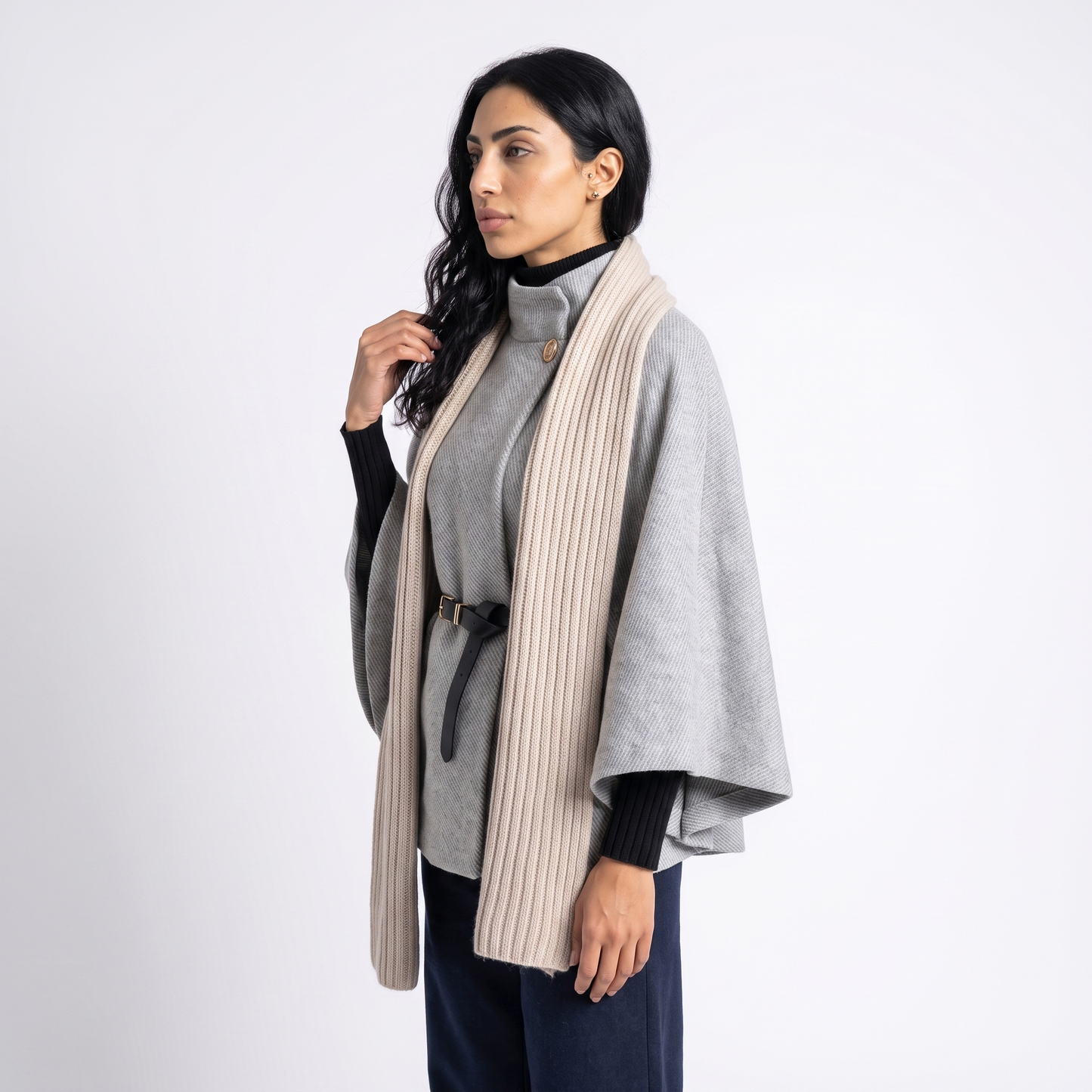 Sunoire chic cape sleeve knit sweater with high neck and gold button top side crop 01