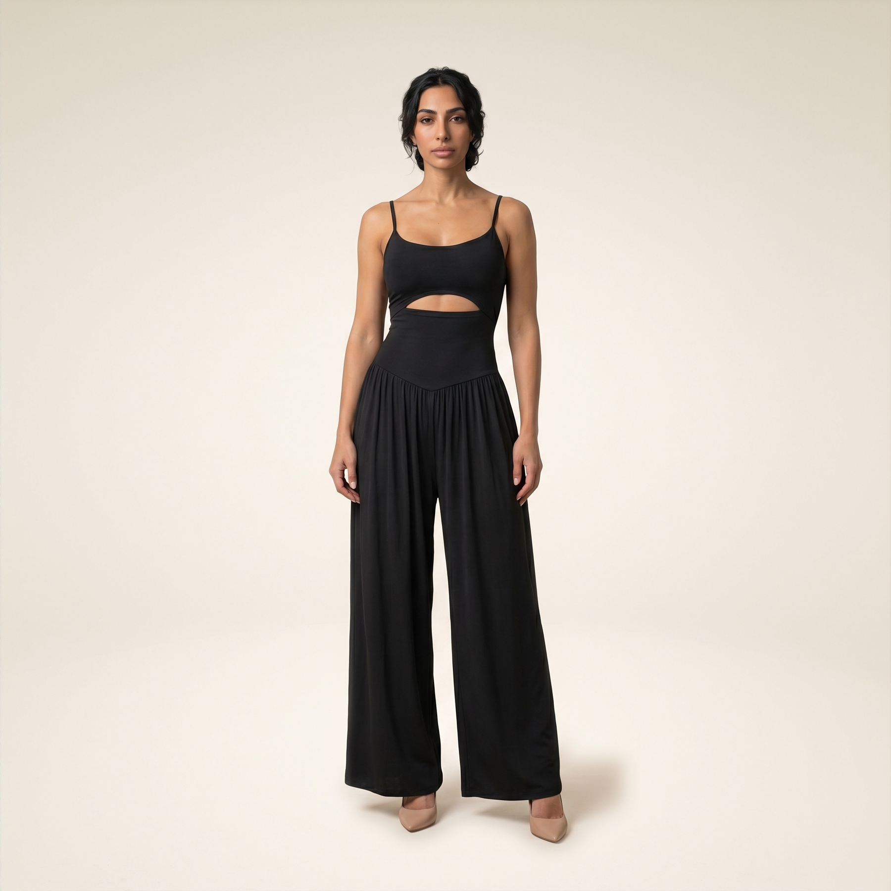 Sunoire chicme womens cut out waist cami jumpsuit backless tie back lantern romper ruched high waist summer jumpsuit front hero 01
