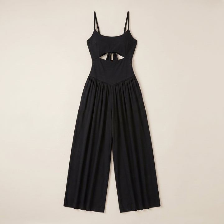 Sunoire chicme womens cut out waist cami jumpsuit backless tie back lantern romper ruched high waist summer jumpsuit garment flatlay 01