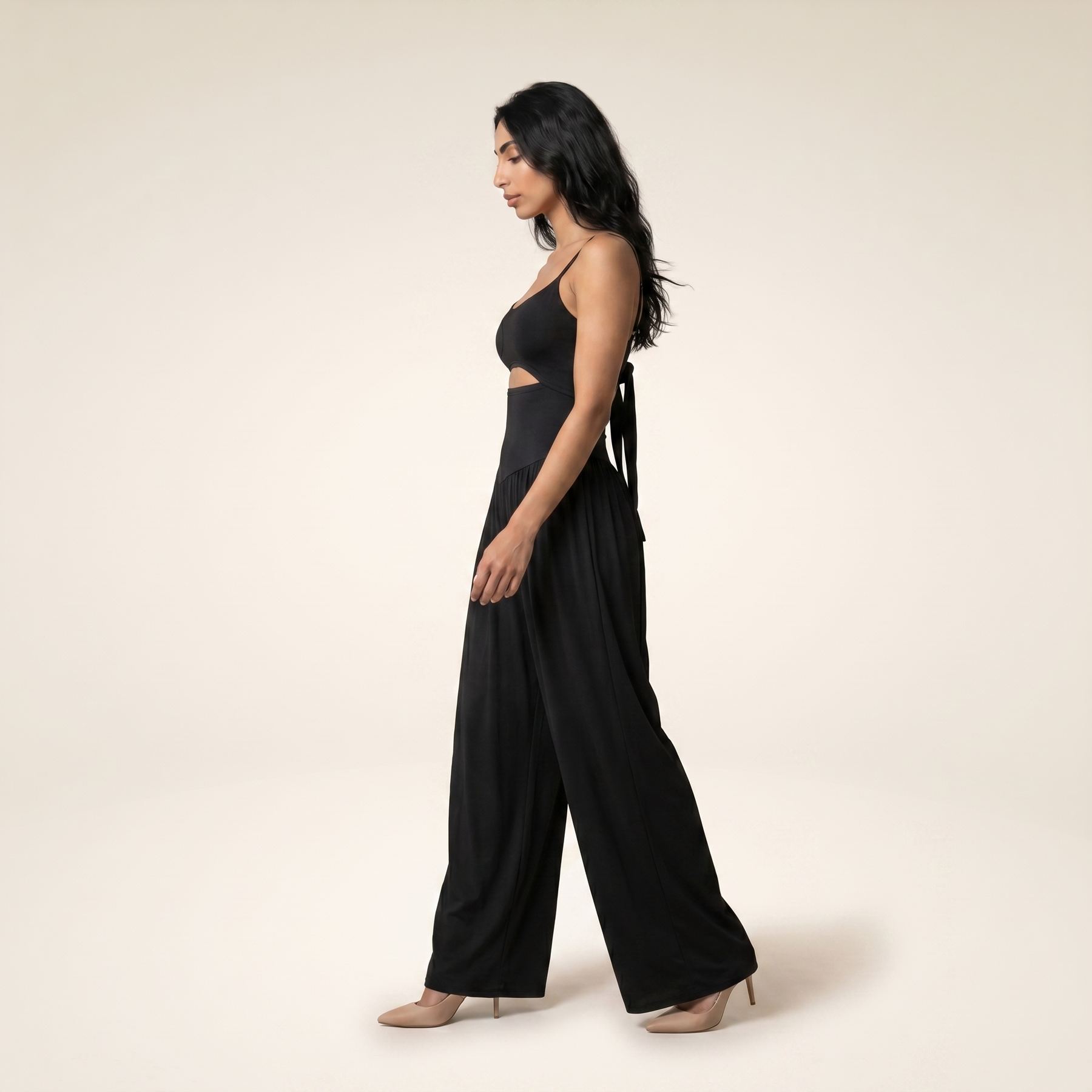 Sunoire chicme womens cut out waist cami jumpsuit backless tie back lantern romper ruched high waist summer jumpsuit side view 01