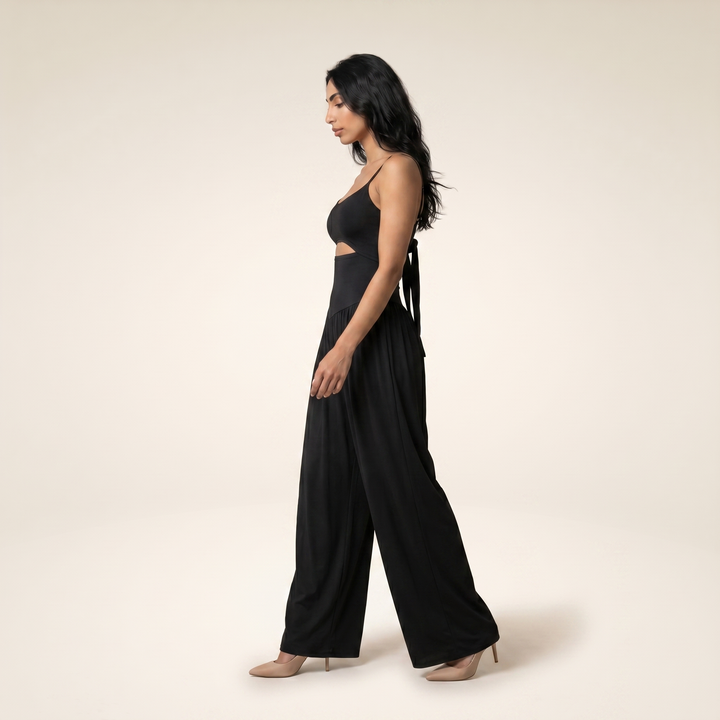 Sunoire chicme womens cut out waist cami jumpsuit backless tie back lantern romper ruched high waist summer jumpsuit side view 01