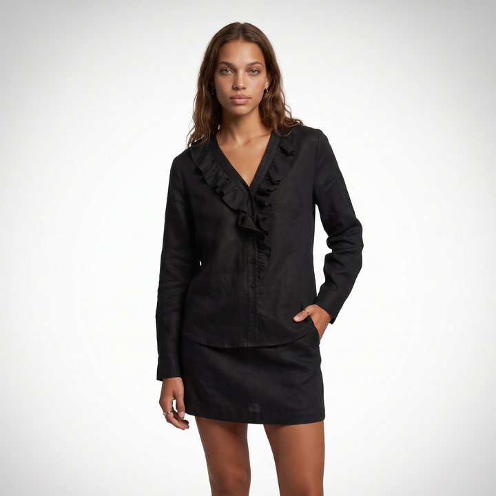 Women's Ruffle V-Neck Blouse – Pink Going Out — Black
