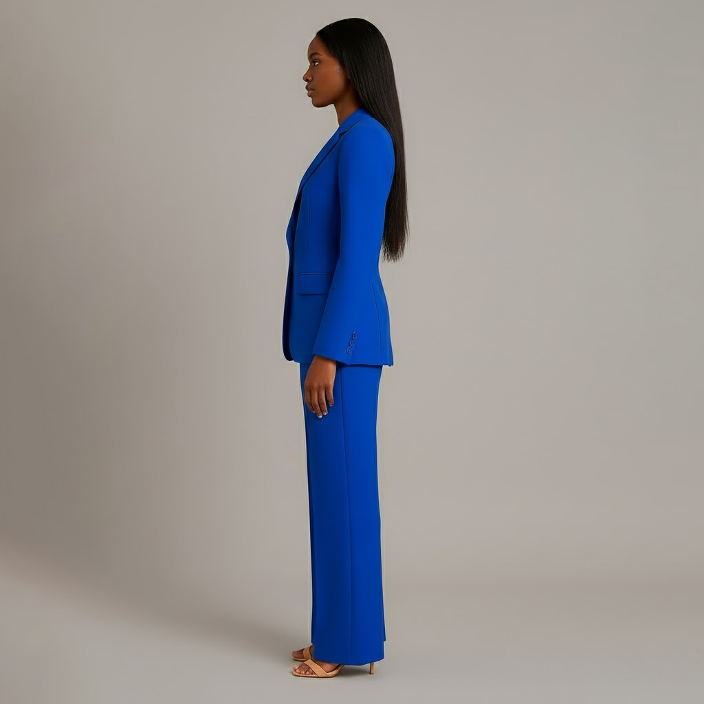 Chic Formal Suit Set with Tailored Long Blazer for Women in Blue, another view