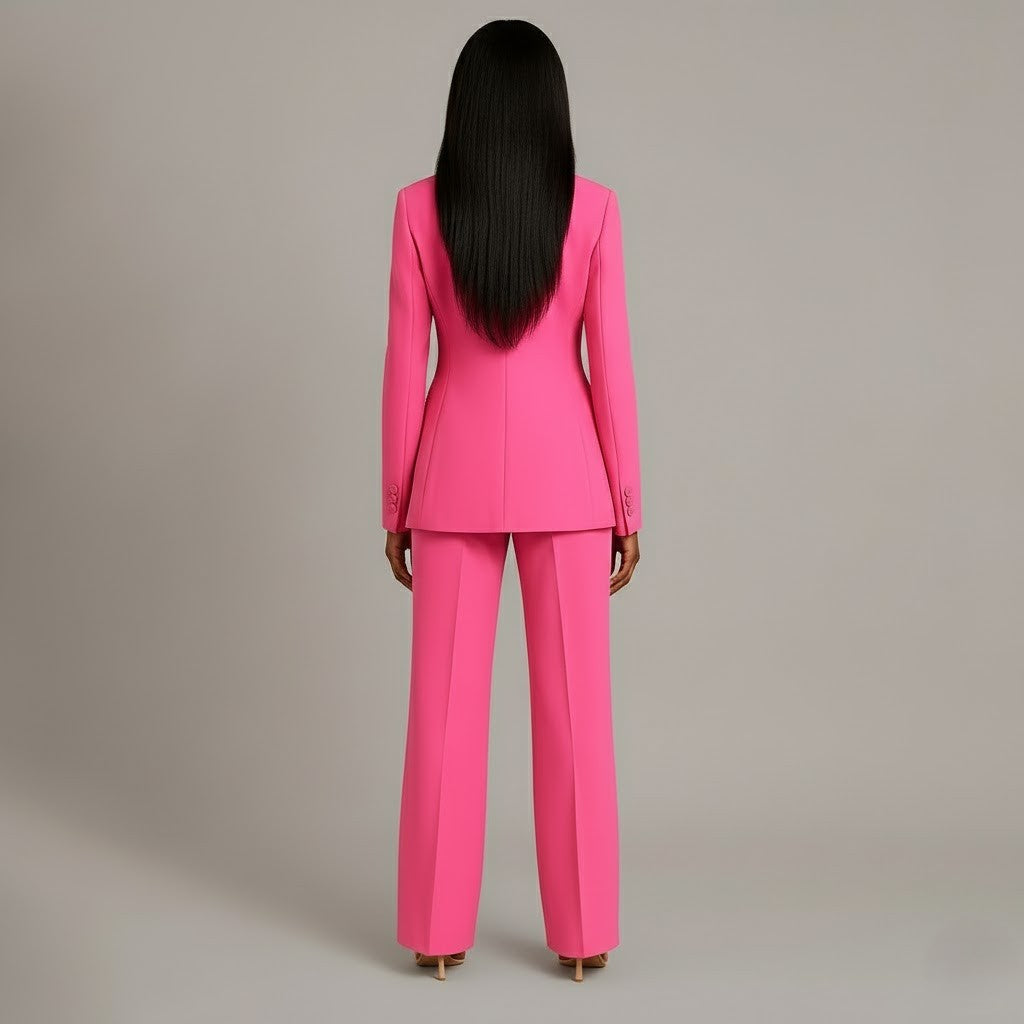 Chic Formal Suit Set with Tailored Long Blazer for Women in Pink, another view