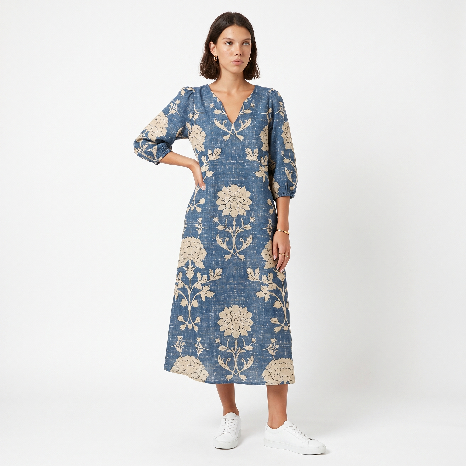 Sunoire cla womens blue boho vintage floral v neck pocket midi dress front hero 01