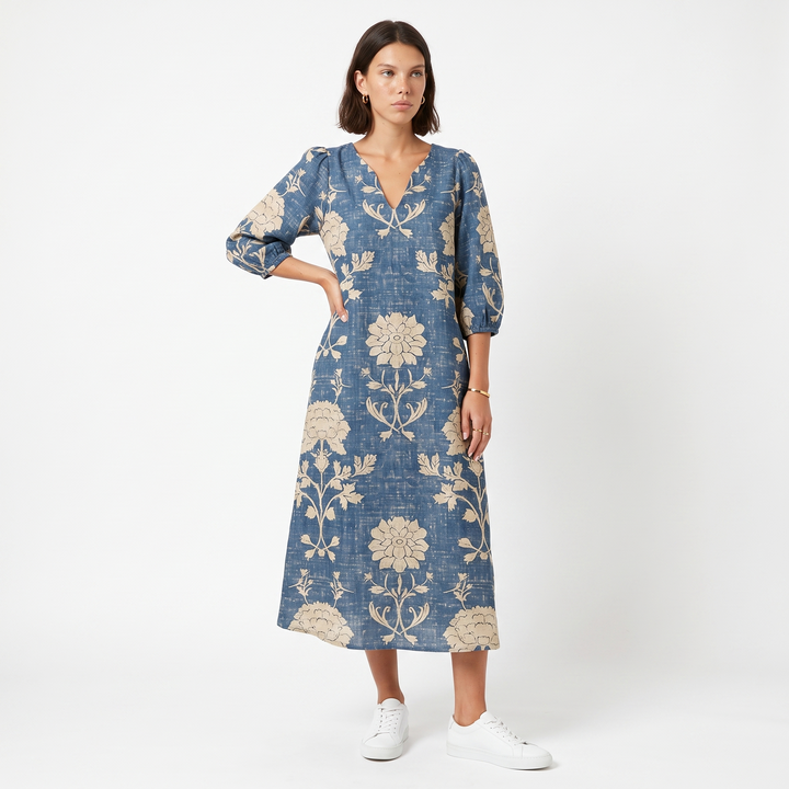 Sunoire cla womens blue boho vintage floral v neck pocket midi dress front hero 01