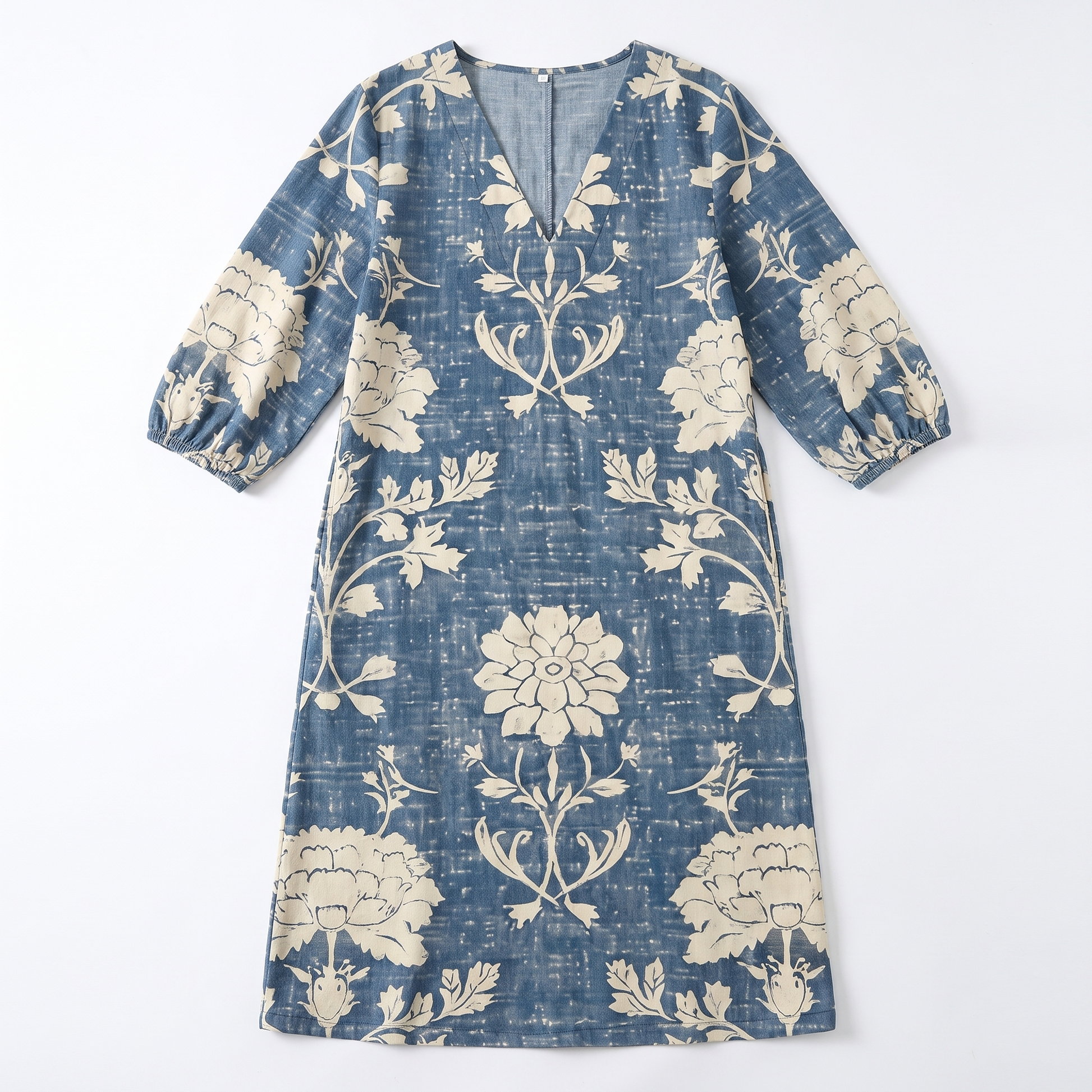 Sunoire cla womens blue boho vintage floral v neck pocket midi dress garment flatlay 01