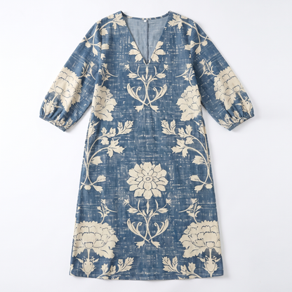Sunoire cla womens blue boho vintage floral v neck pocket midi dress garment flatlay 01