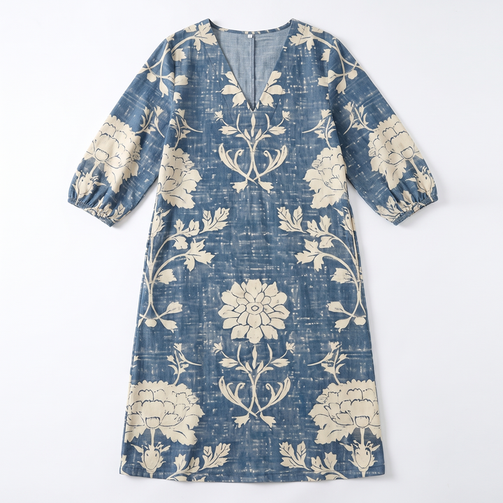 Sunoire cla womens blue boho vintage floral v neck pocket midi dress garment flatlay 01
