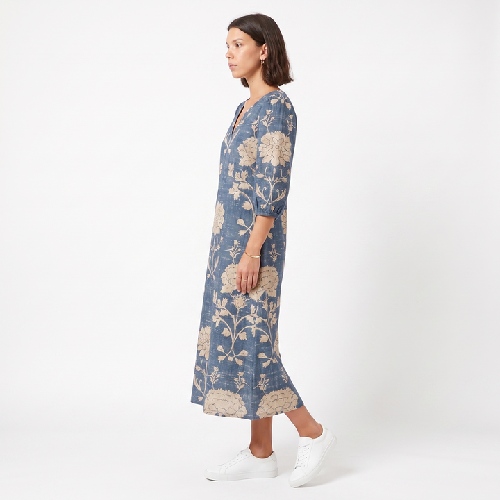 Sunoire cla womens blue boho vintage floral v neck pocket midi dress side view 01