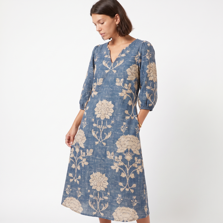 Sunoire cla womens blue boho vintage floral v neck pocket midi dress three quarter 01