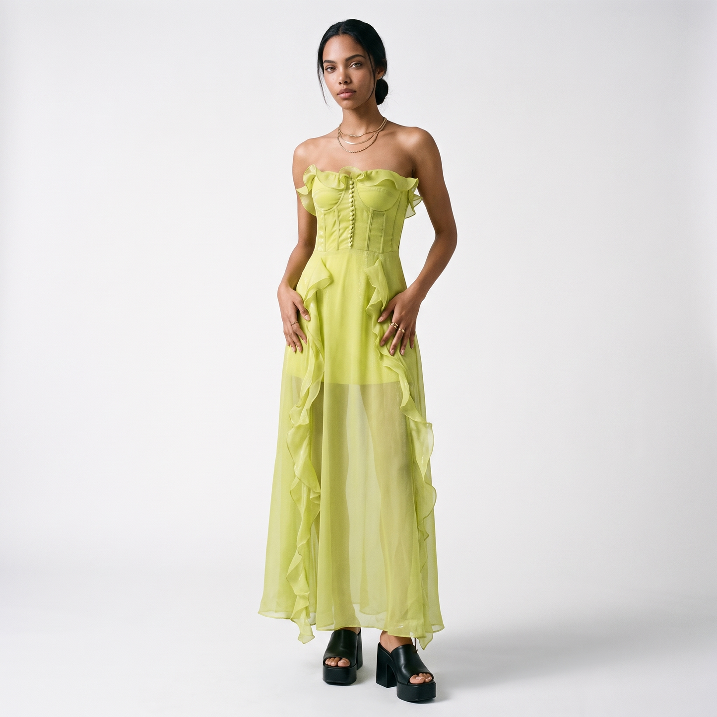 Sunoire clara mesh ruched strapless maxi dress front hero 01