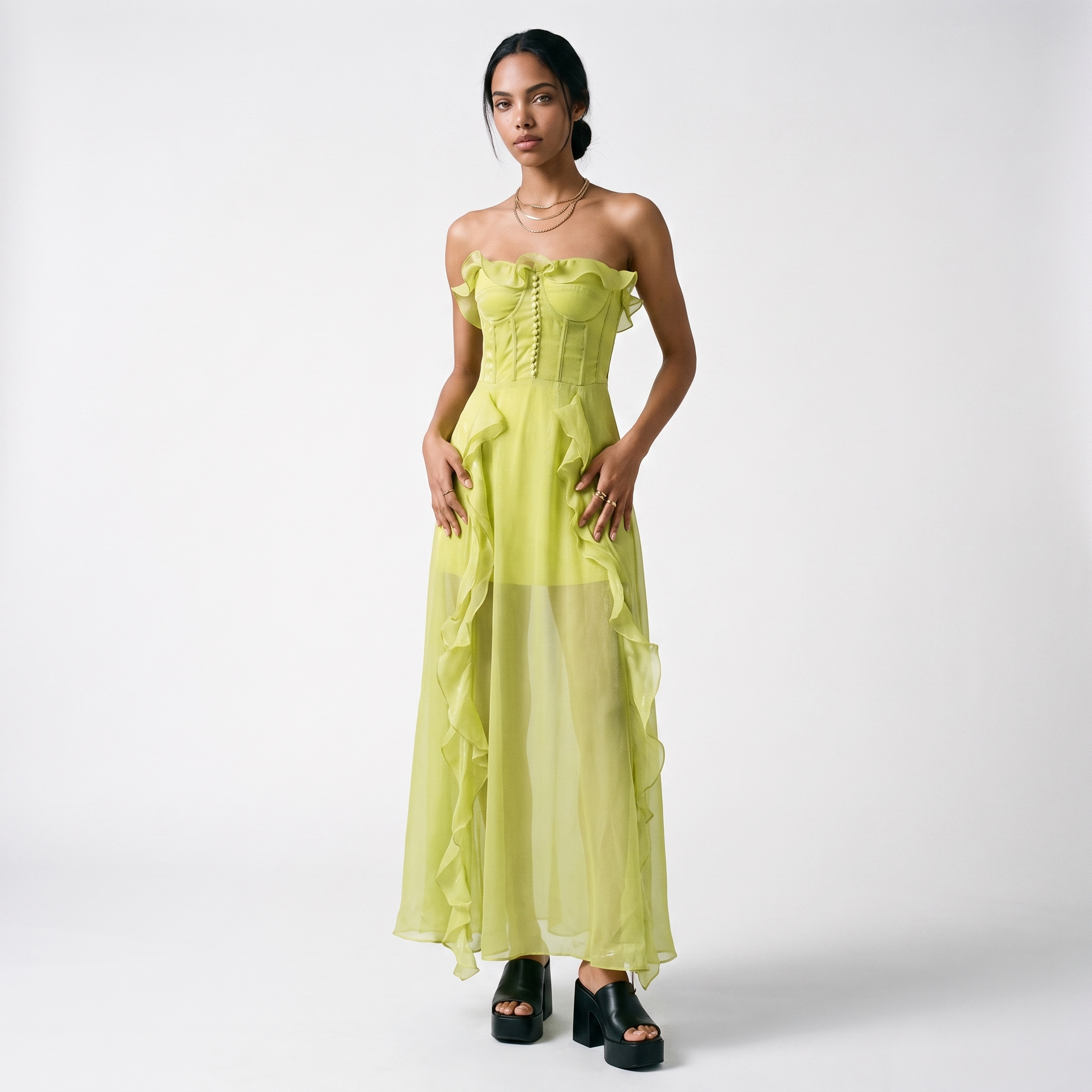 Sunoire clara mesh ruched strapless maxi dress front hero 01