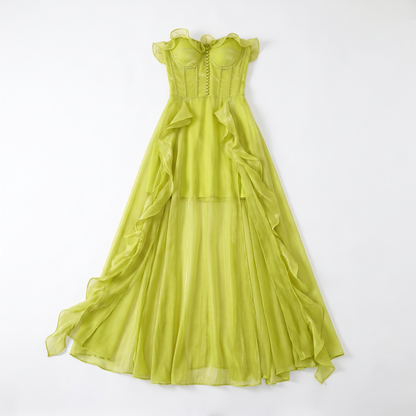 Sunoire clara mesh ruched strapless maxi dress garment flatlay 01