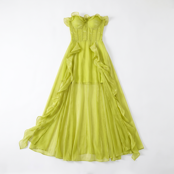 Sunoire clara mesh ruched strapless maxi dress garment flatlay 01