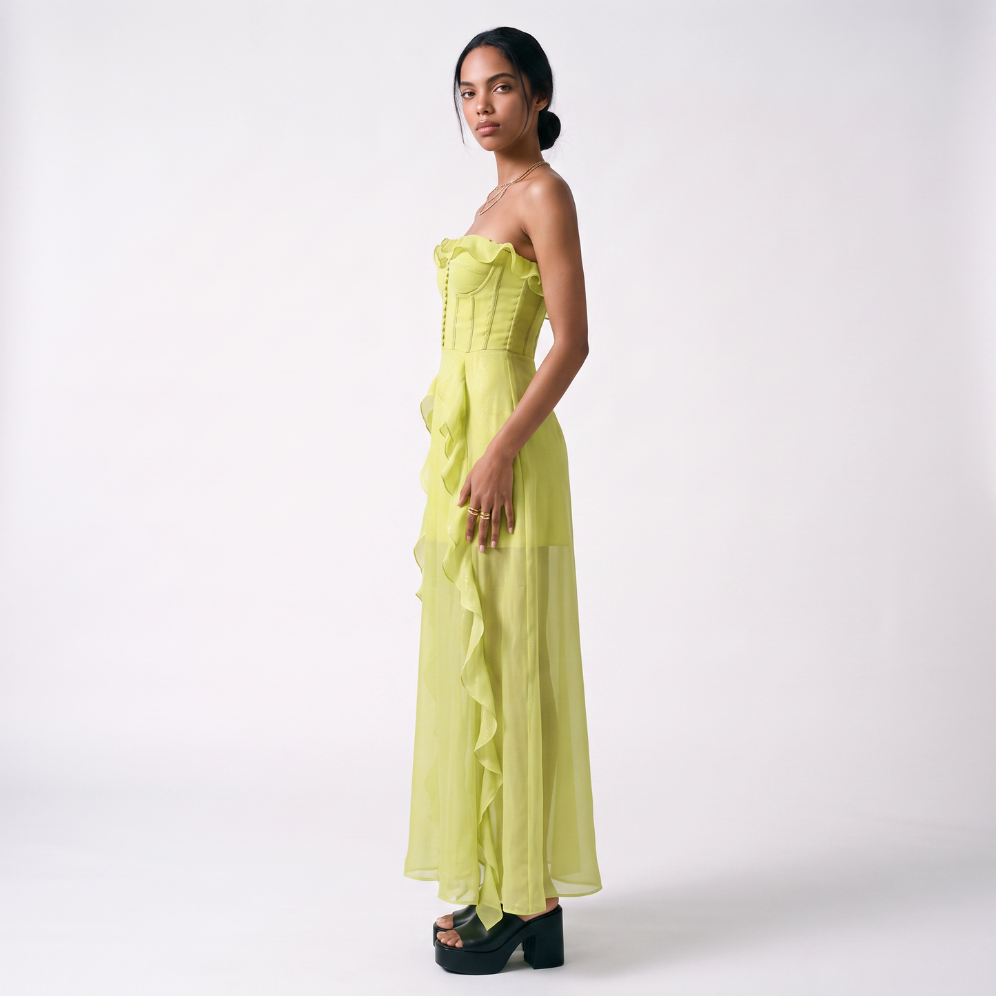 Sunoire clara mesh ruched strapless maxi dress side view 01
