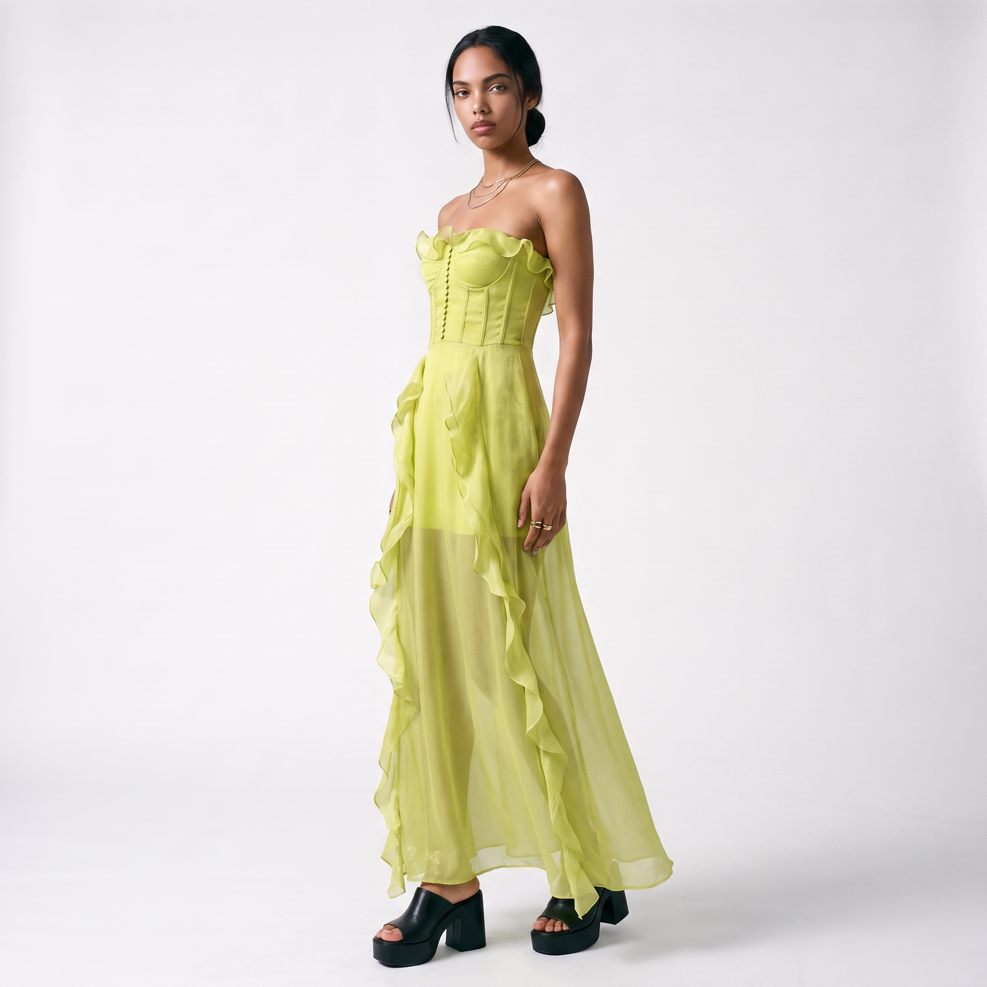 Sunoire clara mesh ruched strapless maxi dress three quarter 01