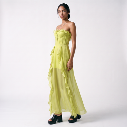 Sunoire clara mesh ruched strapless maxi dress three quarter 01