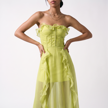 Sunoire clara mesh ruched strapless maxi dress torso crop 01