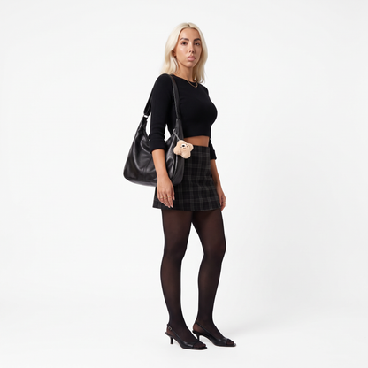 Slouchy Faux Leather Charm Hobo Bag, worn by a model